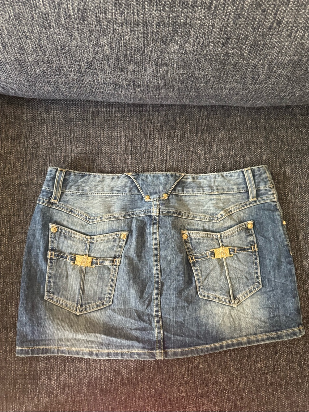 RARE Y2K Marciano Blue Denim Mini Skirt with Gold Tone Pocket Accents
